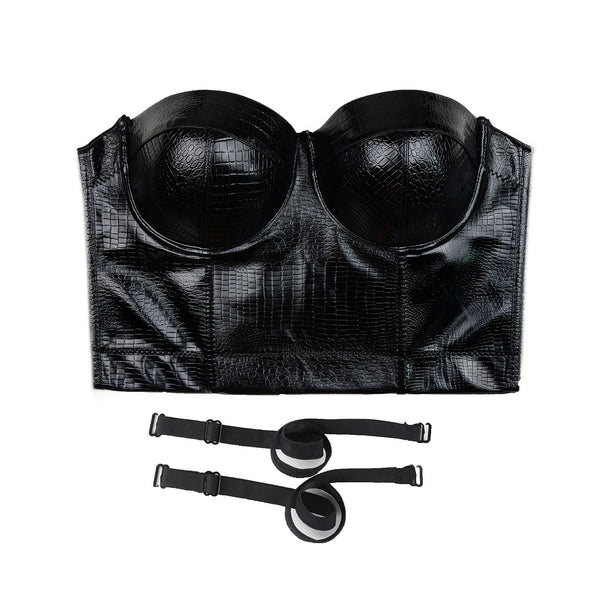 Snake Faux Leather Bustier Crop Top Women's Sexy Corset Top Bra Black Black - FANCYMAKE