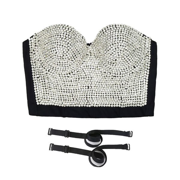 Women's Rhinestone Diamond Bustier Sexy Crop Top Club Party Corset Bra Black - FANCYMAKE
