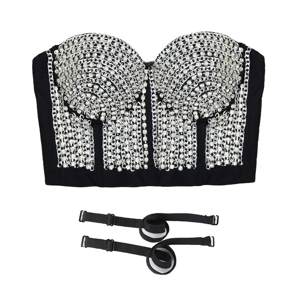 Women's Rhinestone Diamond Chain Bustier Crop Top Corset Top Bralet Black - FANCYMAKE