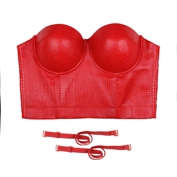 Snake Faux Leather Bustier Crop Top Women's Sexy Corset Top Bra Red