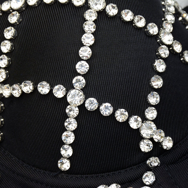Women Criss Cross Rhinestone Smooth Bustier Crop Top Corset Bra Black - FANCYMAKE