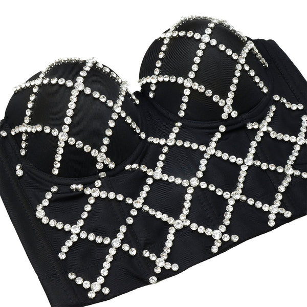Women Criss Cross Rhinestone Smooth Bustier Crop Top Corset Bra Black - FANCYMAKE