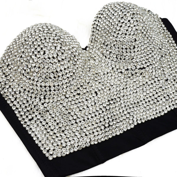 Women's Rhinestone Diamond Bustier Sexy Crop Top Club Party Corset Bra Black - FANCYMAKE
