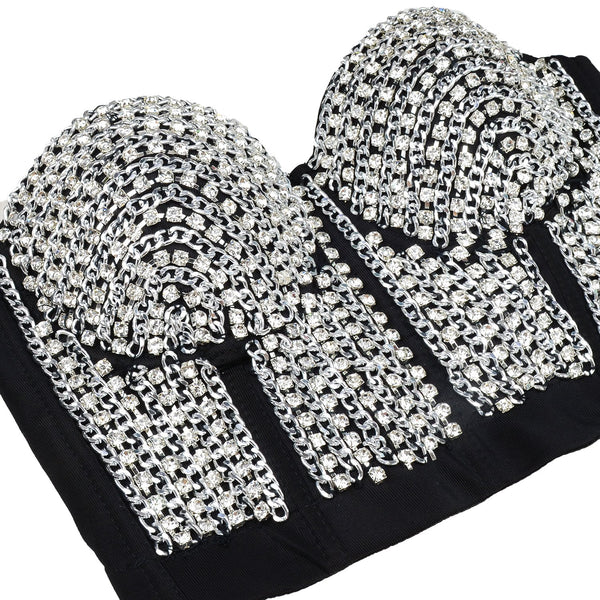 Women's Rhinestone Diamond Chain Bustier Crop Top Corset Top Bralet Black - FANCYMAKE