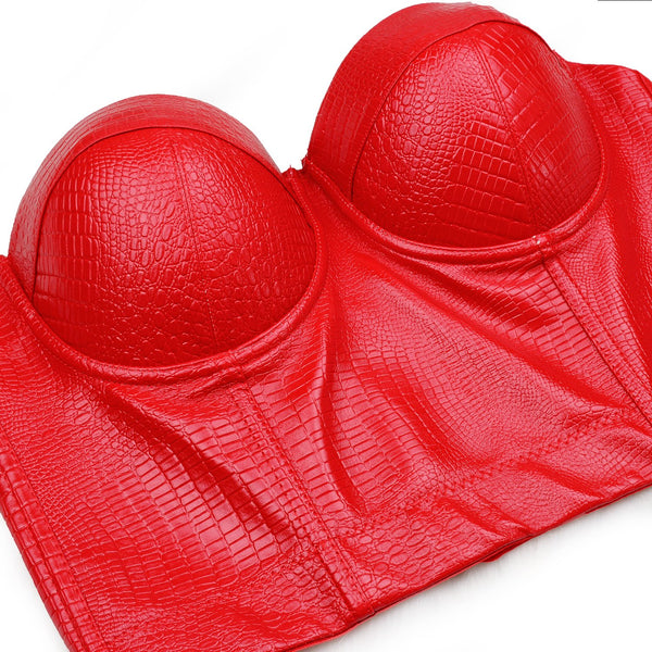 Snake Faux Leather Bustier Crop Top Women's Sexy Corset Top Bra Red