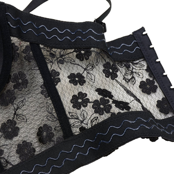 Women's Mesh Lace Flower Bustier Crop Top Sexy Corset Top Bra Black - FANCYMAKE