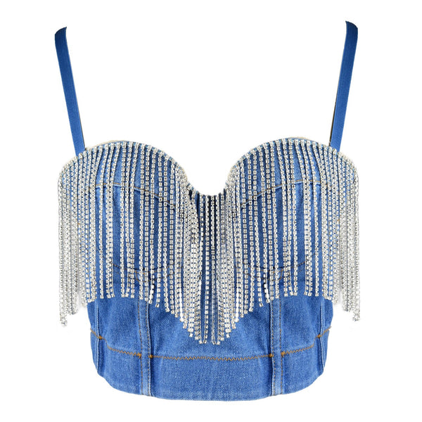 Women's Tassel Rhinestone Deium Bustier Crop Top Jean Corset Top Bra Blue
 - FANCYMAKE