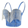 Women's Tassel Rhinestone Deium Bustier Crop Top Jean Corset Top Bra Blue