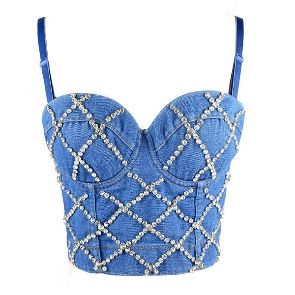 Women Criss Cross Rhinestone Denim Bustier Crop Top Corset Bra Blue - FANCYMAKE