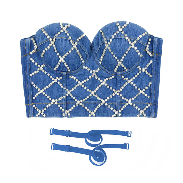 Women Criss Cross Rhinestone Denim Bustier Crop Top Corset Bra Blue - FANCYMAKE