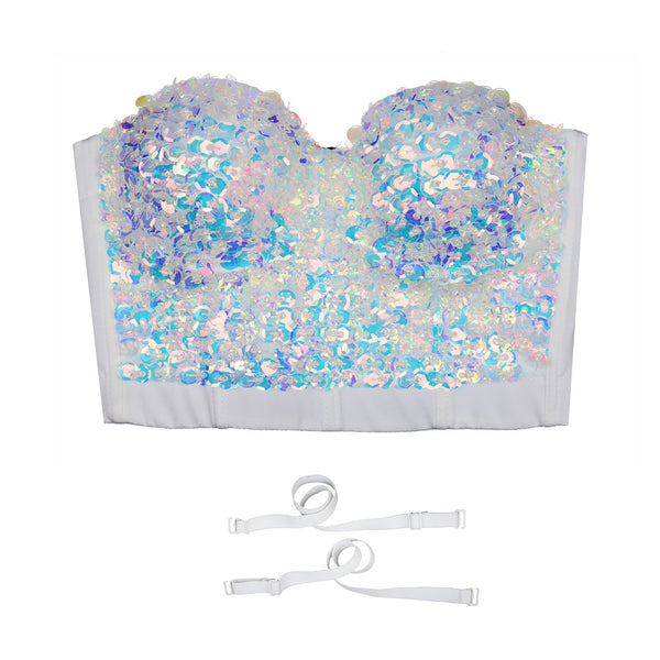 Sexy Sequin Bustier Crop Top Push up Club Party Corset Top White
 - FANCYMAKE