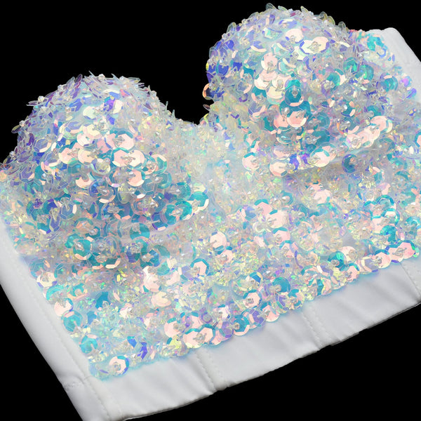 Sexy Sequin Bustier Crop Top Push up Club Party Corset Top White
 - FANCYMAKE