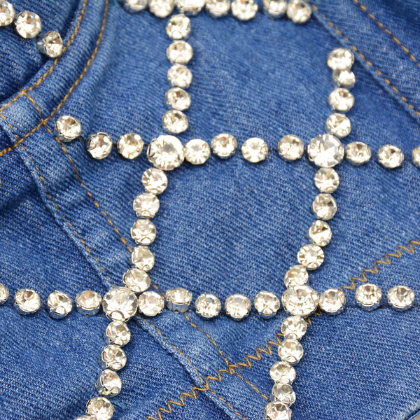 Women Criss Cross Rhinestone Denim Bustier Crop Top Corset Bra Blue - FANCYMAKE