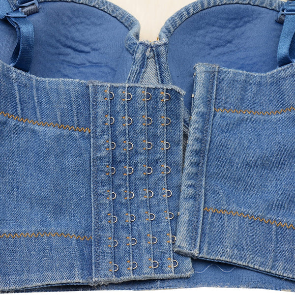 Women Criss Cross Rhinestone Denim Bustier Crop Top Corset Bra Blue - FANCYMAKE