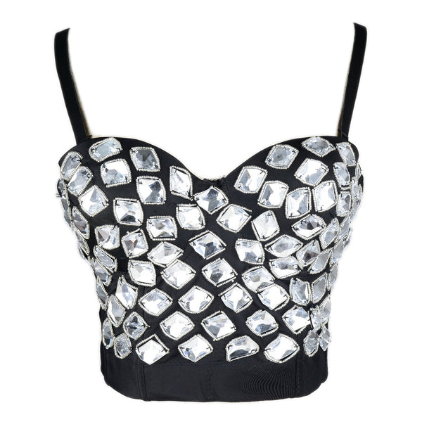 Women's White Rhinestone Beaded Punk Bustier Crop Top Party Club Corset Bra - FANCYMAKE