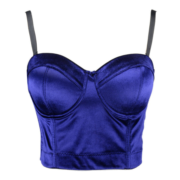 Velvet Soft Bustier Crop Top Push Up Women's Corset Top Bra Blue - FANCYMAKE