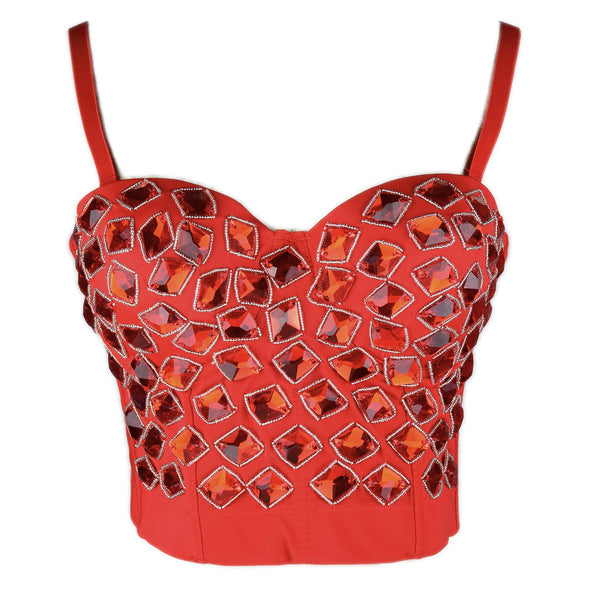 Women's Red Rhinestone Beaded Punk Bustier Crop Top Party Club Corset Bra - FANCYMAKE