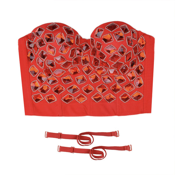 Women's Red Rhinestone Beaded Punk Bustier Crop Top Party Club Corset Bra - FANCYMAKE