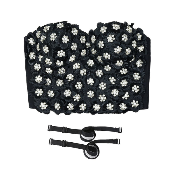 Women's 3D Floral Rhinestone Diamond Bustier Crop Top Party Club Bra Tops Black - FANCYMAKE