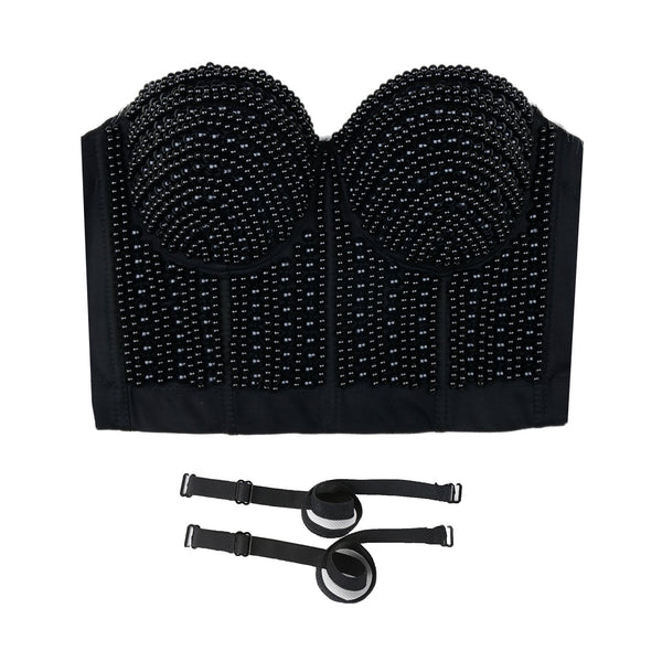 Woment's Pearls Beaded Bustier Crop Top Club Party Sexy Corset Top Bra Black - FANCYMAKE