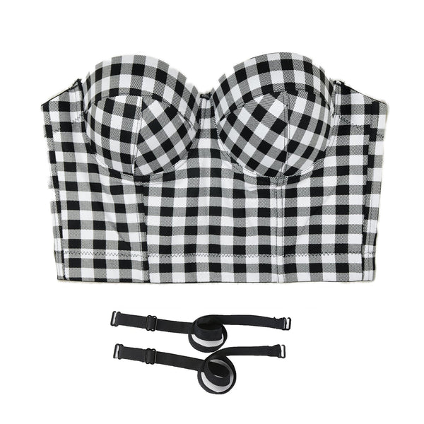 Women's Plaid Bustier Crop Top Sexy Women's Corset Top Bra Black - FANCYMAKE