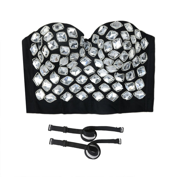 Women's White Rhinestone Beaded Punk Bustier Crop Top Party Club Corset Bra - FANCYMAKE