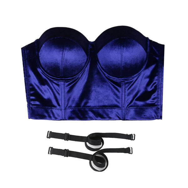 Velvet Soft Bustier Crop Top Push Up Women's Corset Top Bra Blue - FANCYMAKE
