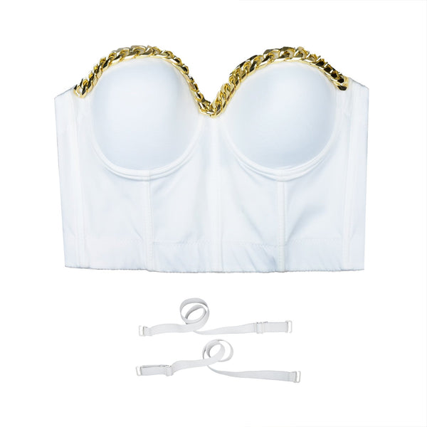Women Gold Chain Smooth Push up Bustier Crop Top Corset Bra with Detachable Straps White - FANCYMAKE