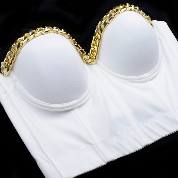 Women Gold Chain Smooth Push up Bustier Crop Top Corset Bra with Detachable Straps White - FANCYMAKE