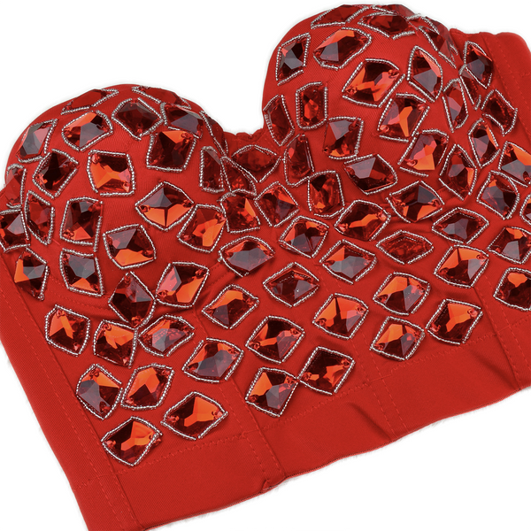 Women's Red Rhinestone Beaded Punk Bustier Crop Top Party Club Corset Bra - FANCYMAKE