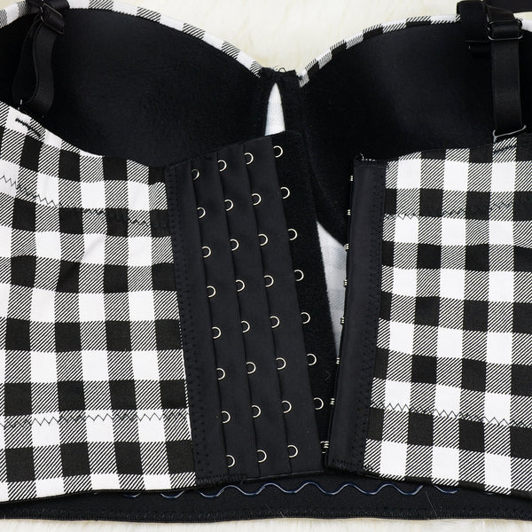 Women's Plaid Bustier Crop Top Sexy Women's Corset Top Bra Black - FANCYMAKE