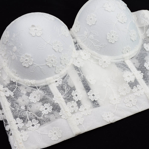 Women's Mesh Lace Flower Bustier Crop Top Sexy Corset Top Bra White - FANCYMAKE