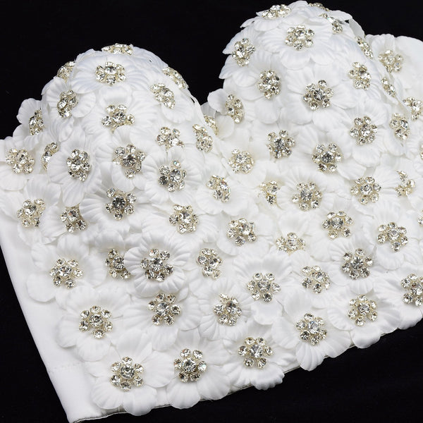 Women's 3D Floral Rhinestone Diamond Bustier Crop Top Party Club Bra Tops White - FANCYMAKE