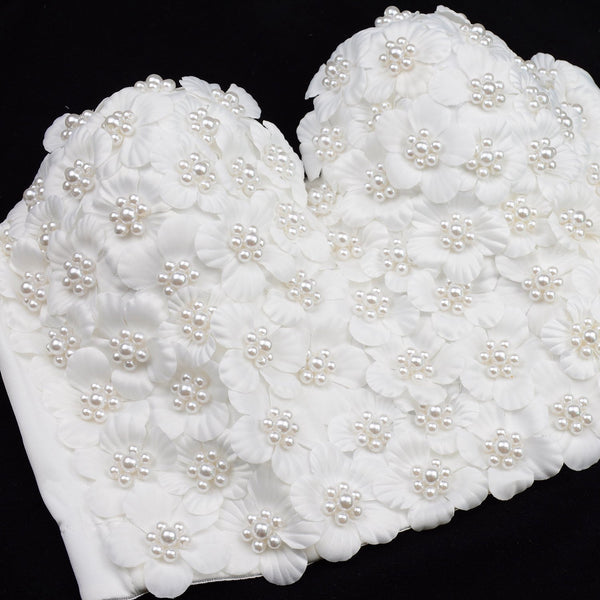 Women's 3D Floral Pearl Bustier Crop Top Party Club Bra Tops White - FANCYMAKE