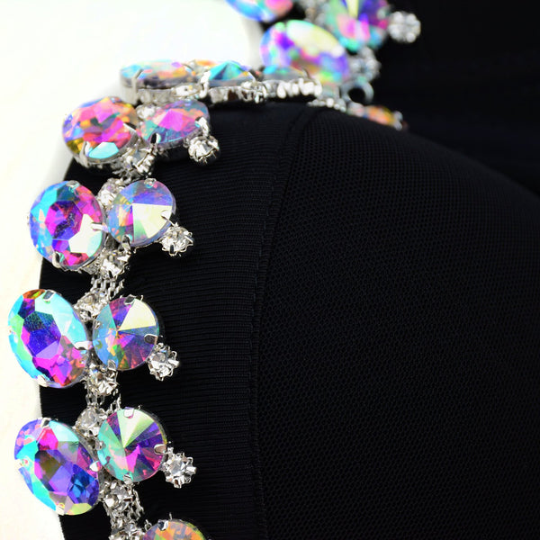 Women's Mesh Rhinestone Bustier Crop Top Party Club Corset Top Bralet Black - FANCYMAKE