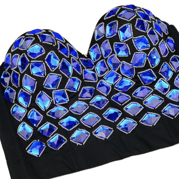 Women's Blue Rhinestone Beaded Punk Bustier Crop Top Party Club Corset Bra