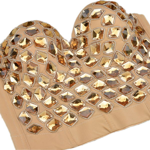 Women's Gold Rhinestone Beaded Punk Bustier Crop Top Party Club Corset Bra - FANCYMAKE