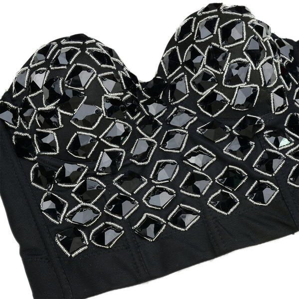 Women's Black Rhinestone Beaded Punk Bustier Crop Top Party Club Corset Bra - FANCYMAKE