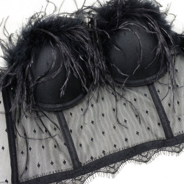Women's Feather Tassel Cut Cross Strappy Lace Bustier Tops Sexy Club Party Crop Top Black - FANCYMAKE