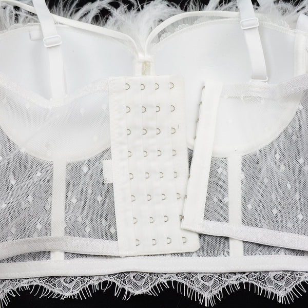 Women's Feather Tassel Cut Cross Strappy Lace Bustier Tops Sexy Club Party Crop Top White - FANCYMAKE