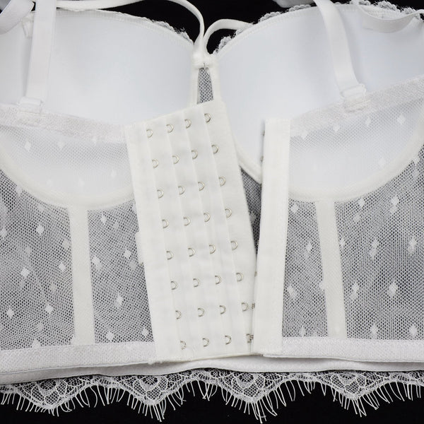 Women's Sexy Cut Cross Strappy Lace Mesh Bustier Tops Caged Cropped Top White - FANCYMAKE