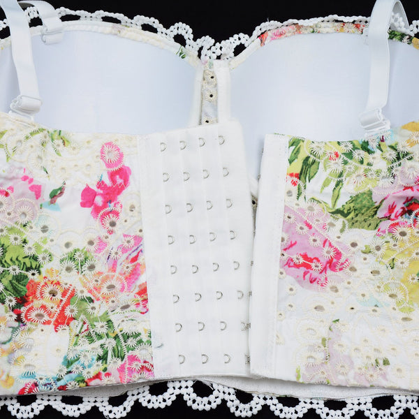 Women's Embroidery Floral Hollow Lace Bustier Crop Top Sexy Corset Bra Tops White - FANCYMAKE