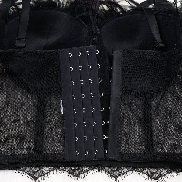 Women's Feather Tassel Cut Cross Strappy Lace Bustier Tops Sexy Club Party Crop Top Black - FANCYMAKE
