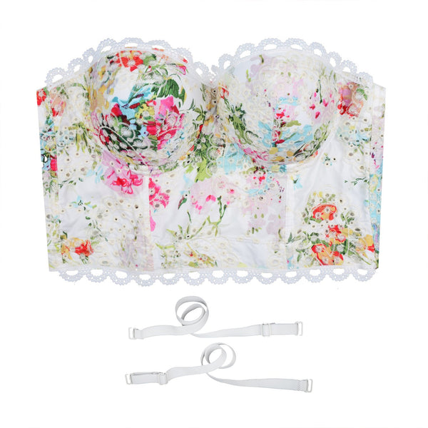 Women's Embroidery Floral Hollow Lace Bustier Crop Top Sexy Corset Bra Tops White - FANCYMAKE