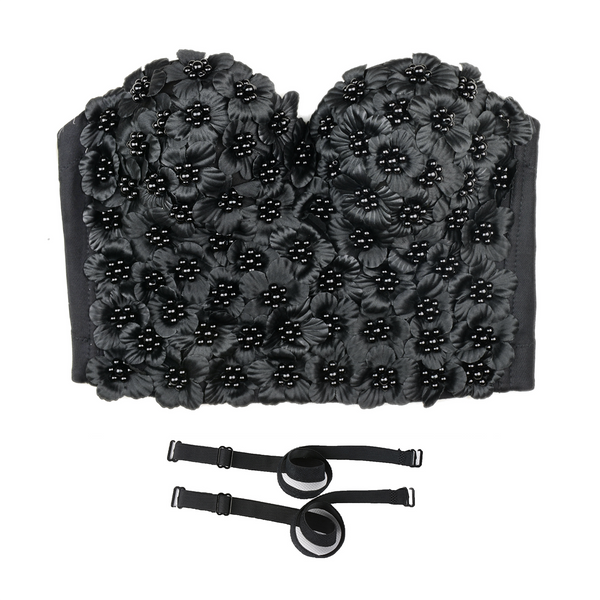 Women's 3D Floral Pearl Bustier Crop Top Party Club Bra Tops Black - FANCYMAKE