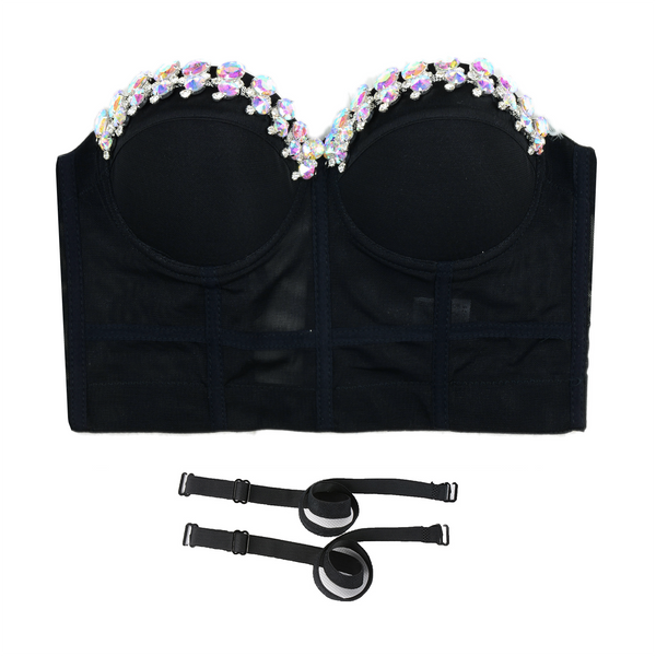 Women's Mesh Rhinestone Bustier Crop Top Party Club Corset Top Bralet Black - FANCYMAKE