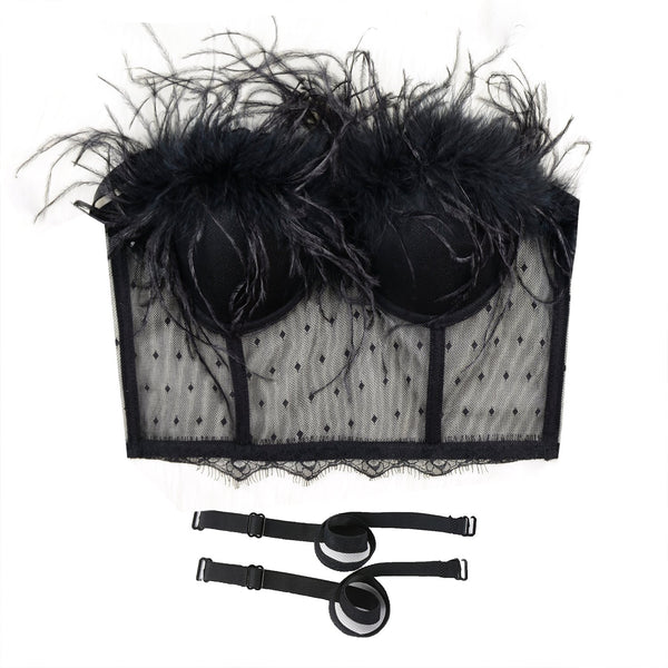 Women's Feather Tassel Cut Cross Strappy Lace Bustier Tops Sexy Club Party Crop Top Black - FANCYMAKE