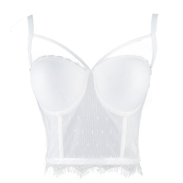 Women's Sexy Cut Cross Strappy Lace Mesh Bustier Tops Caged Cropped Top White - FANCYMAKE