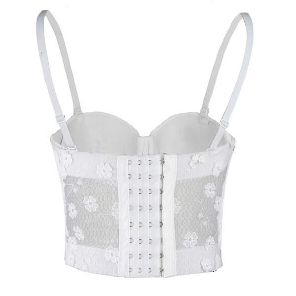 Women's Mesh Lace Flower Bustier Crop Top Sexy Corset Top Bra White - FANCYMAKE