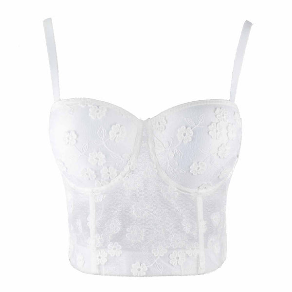 Women's Mesh Lace Flower Bustier Crop Top Sexy Corset Top Bra White - FANCYMAKE